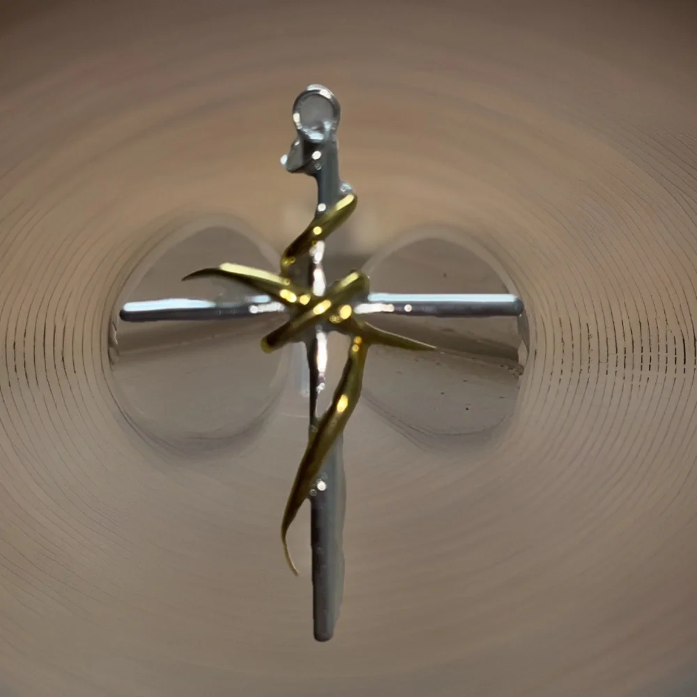 Silver Cross With Gold Wrapping Around It Stainless Steel Pendant W/Necklace